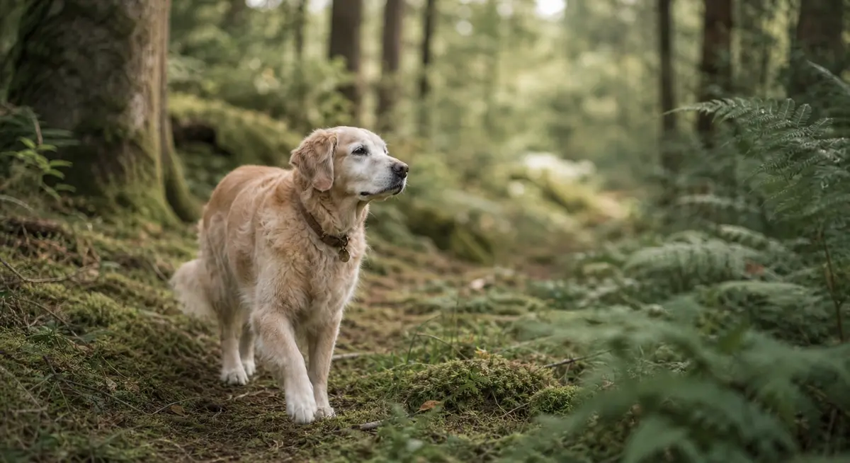 En äldre golden retriever står stilla på en mossig skogsstig i mjukt morgonljus.
