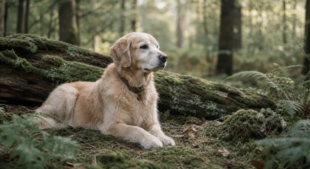 En äldre golden retriever vilar stilla vid en mossbeklädd trädstam i skogen.