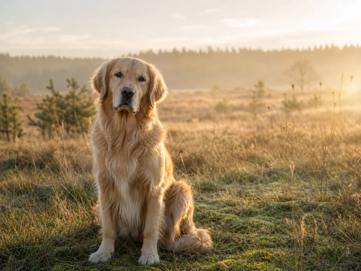 En golden retriever sitter i en stilla äng i gyllene morgonljus.