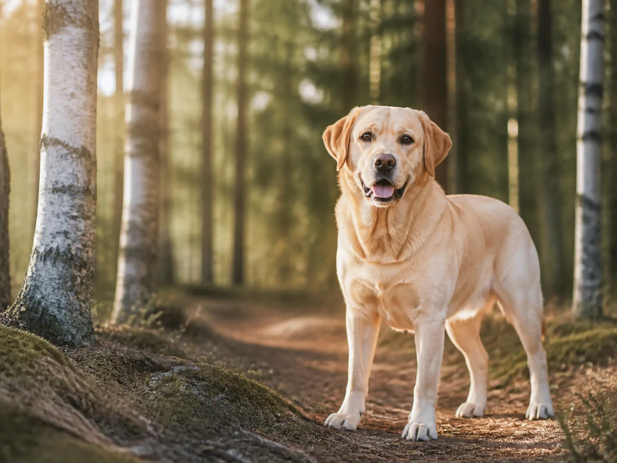 En gul labrador står på en skogsstig i varmt morgonljus.