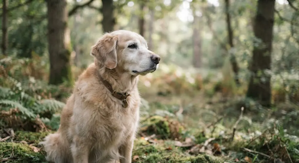 Stillsamt porträtt av en äldre hund i mjukt naturljus i skogsmiljö.